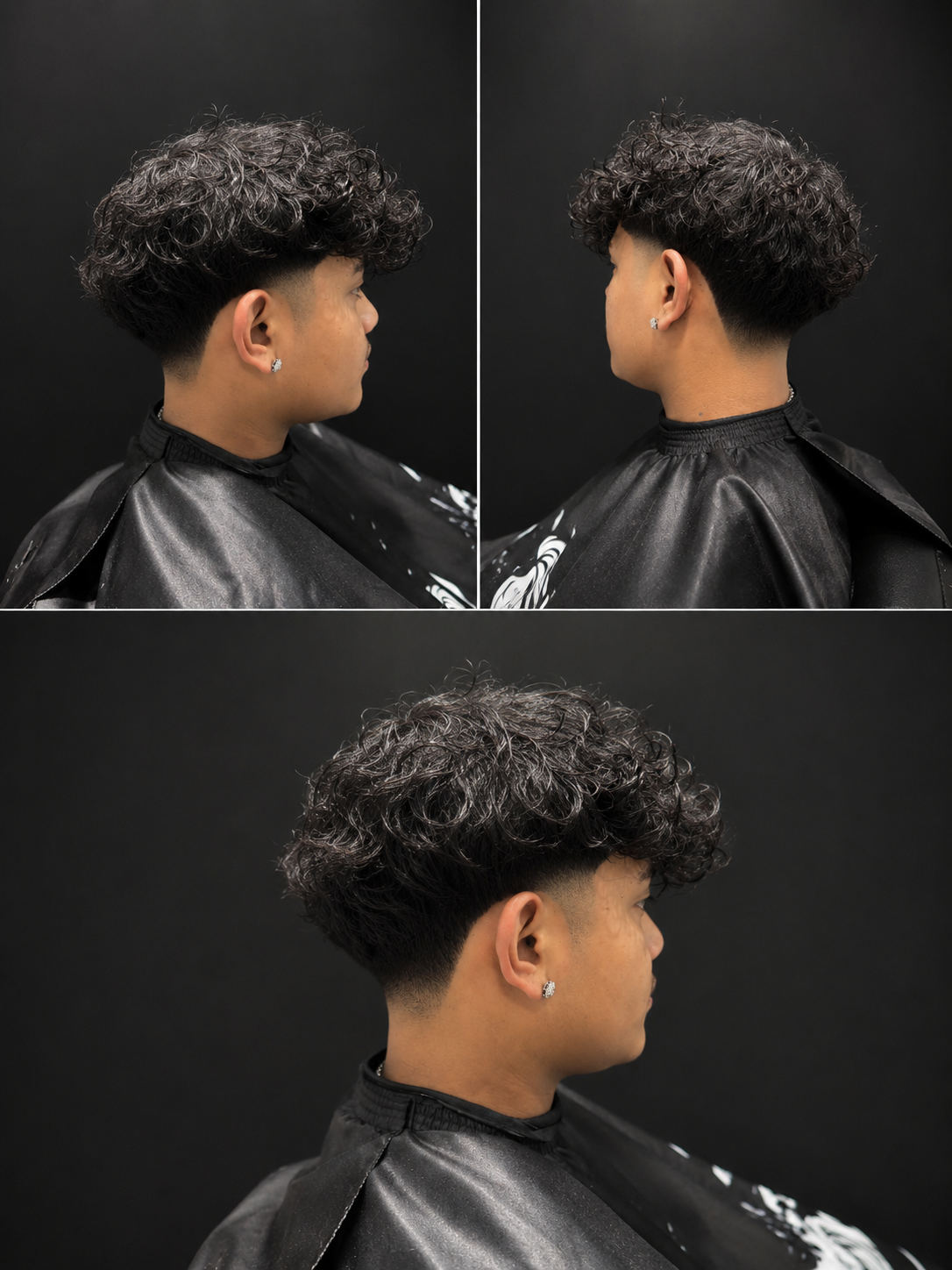 Lockiger Haarschnitt mit Low Fade, drei Ansichten