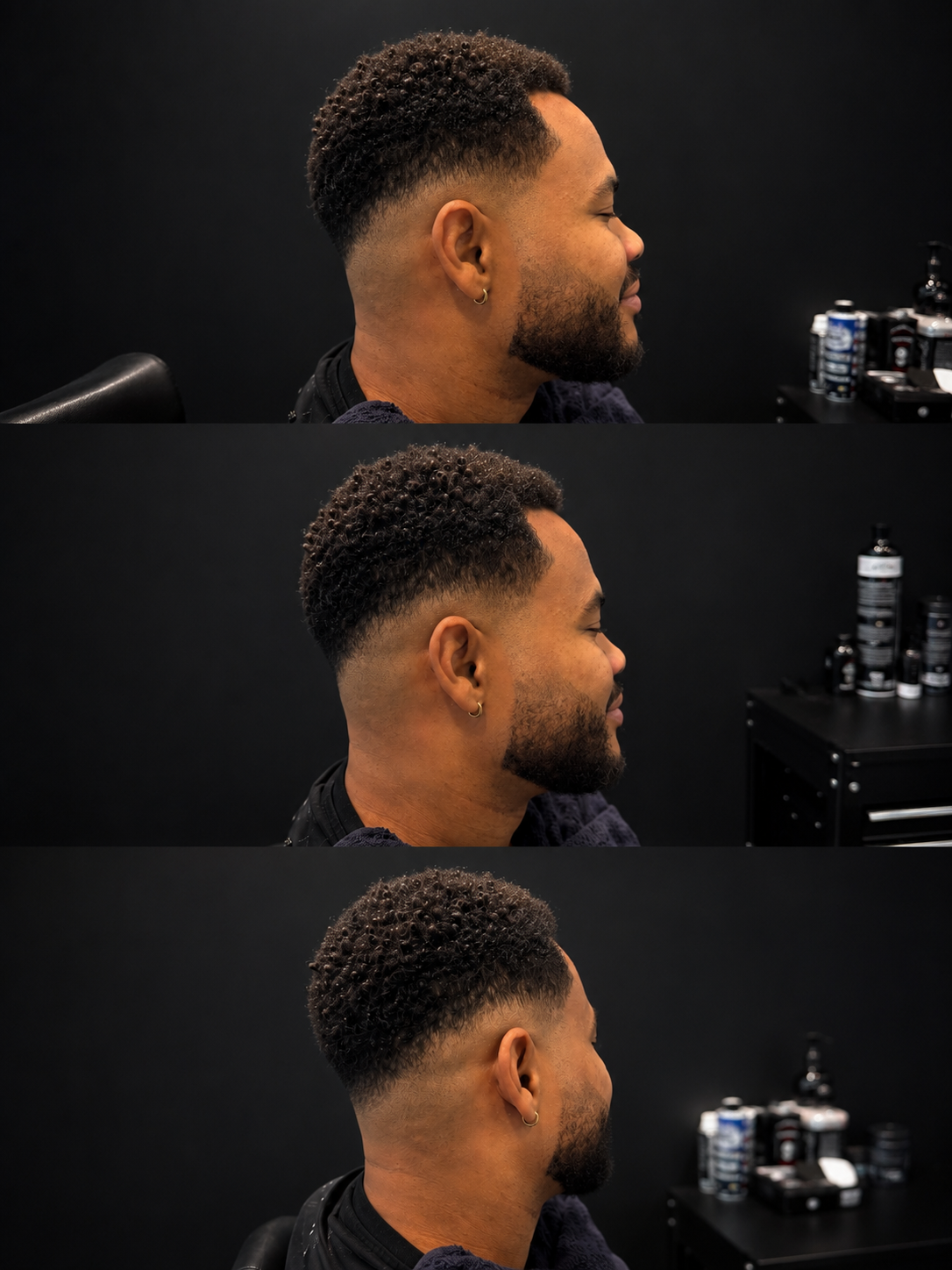 Afro-Haarschnitt mit Fade und Bartkontur, drei Ansichten